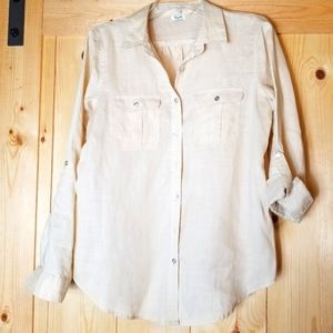 Symple NYC Linen Button Up Tab Sleeve Shirt